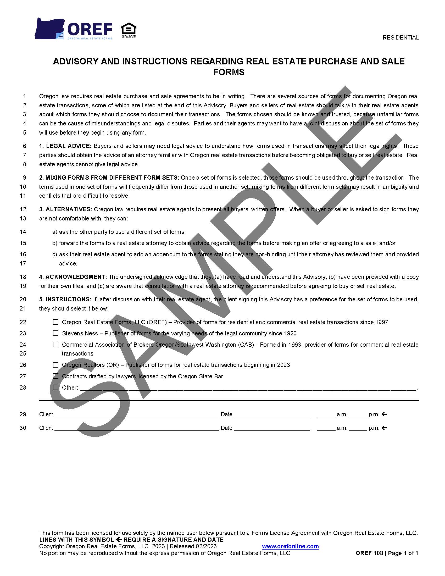 Feb 2023 Form of the Month OREF 108 Advisory and Instructions